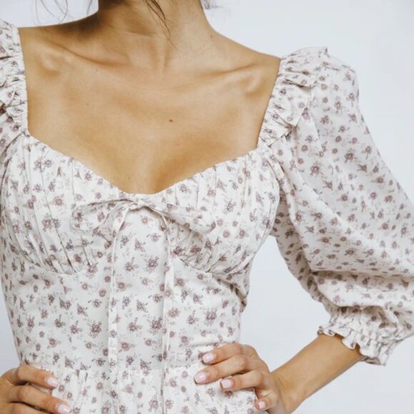 NWT Storia Puff Sleeve Cream & Pink Floral Dress Size Large - Picture 2 of 9